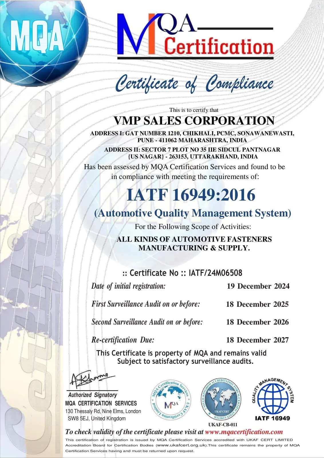 IATF 16949:2016 — Automotive Quality Management System certificate