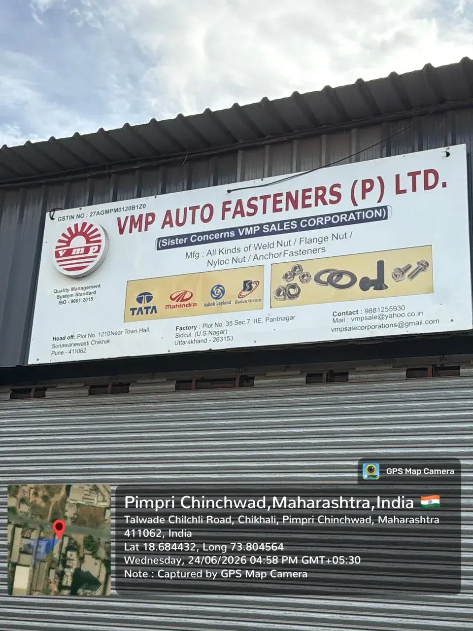 VMP Auto Fasteners factory signboard with ISO 9001:2015 mark
